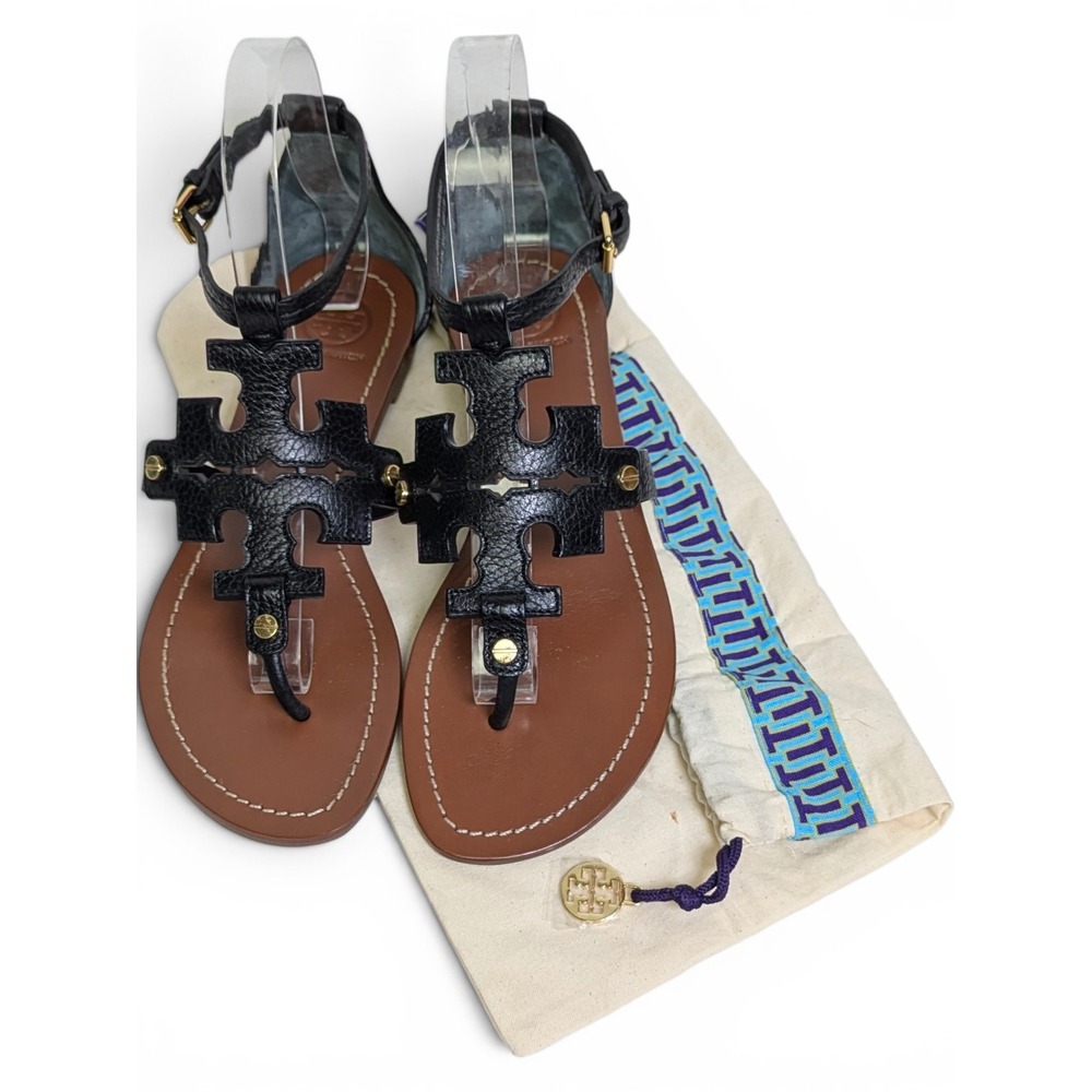 Tory Burch Phoebe Black Tumbled Leather Logo Thong Sandals Vacation Resort 7M
